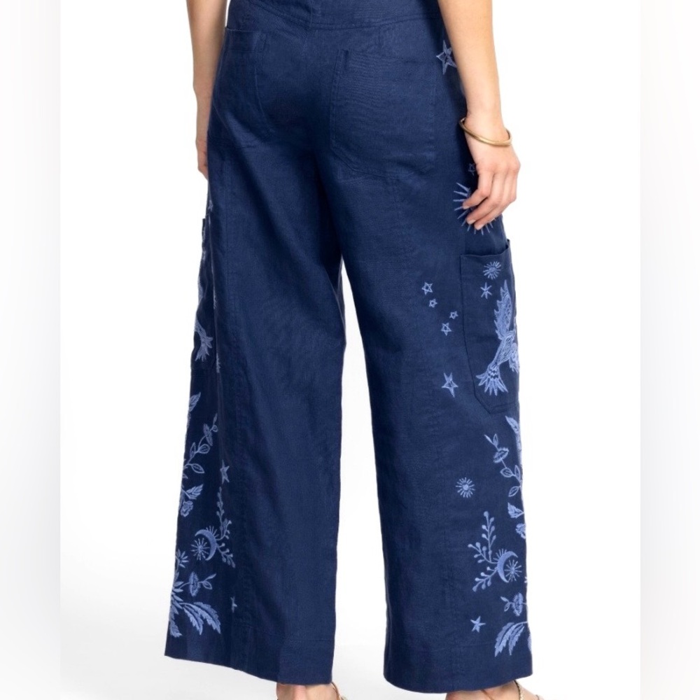 NEW Johnny Was Oleander Wide Leg Cropped Pants Tonal Embroidery Linen Blue S - Picture 5 of 15
